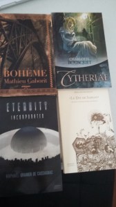 J'ai participé à l'échelon Potentès ce qui m'a valu également 4 livres, un de chaque auteur : - Cytheriae de C. Bousquet - Bohème de M. Gaborit, - Le Dit de Sargas de Régis Antoine Jaulin, et - Eternity Incorporated de Raphaël Granier de Cassagnac